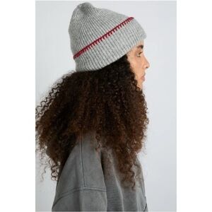 Damson Madder Blanket Stitch Beanie - Gray Red Wool Blend Rib Knit Beanie Hat